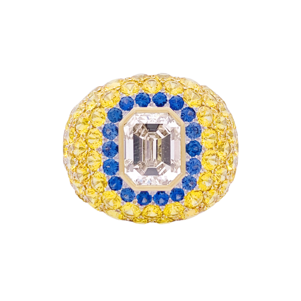 Bague or blanc, saphirs, saphirs jaunes et diamant brun. 6