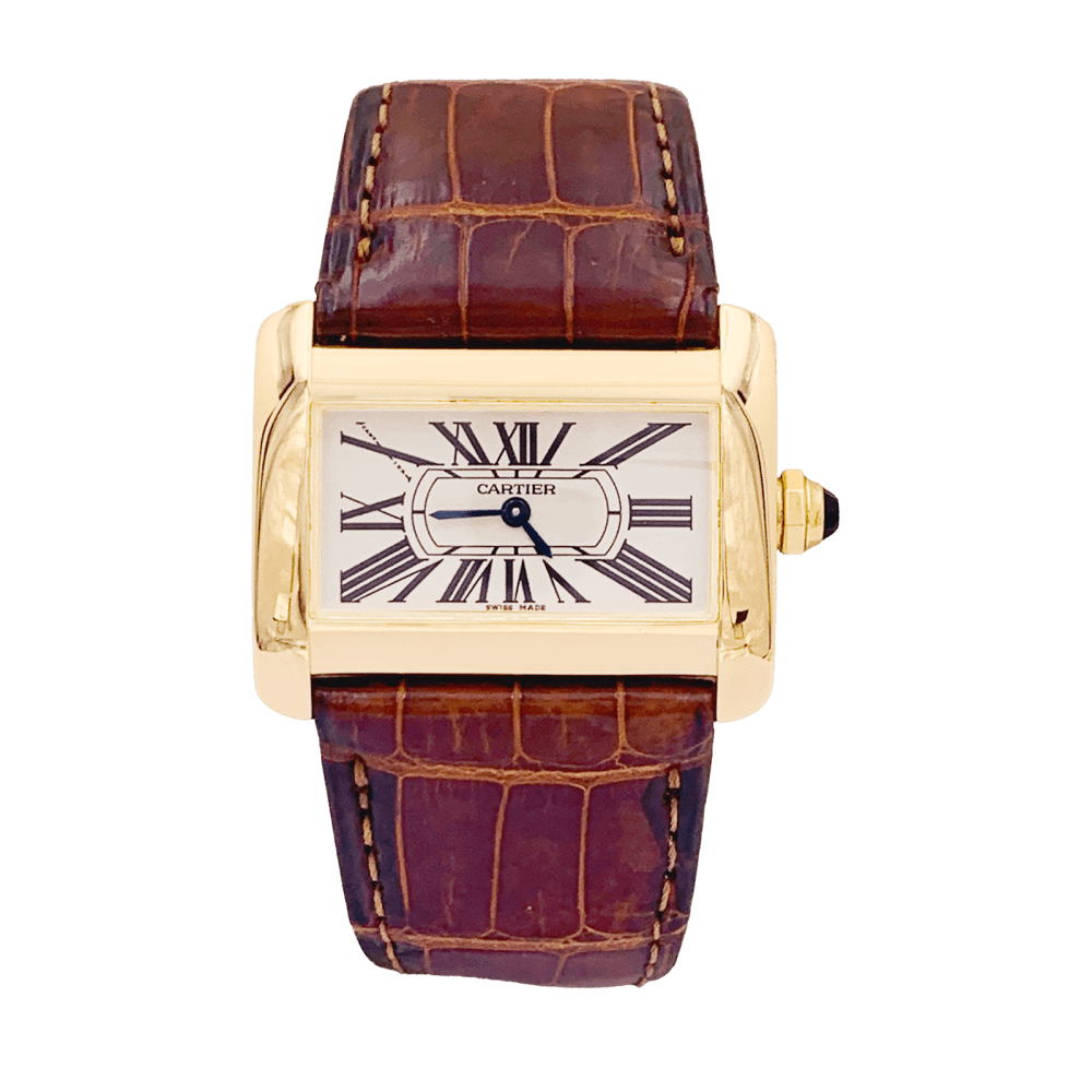 Montre Cartier, "Divan", or jaune, cuir. 1