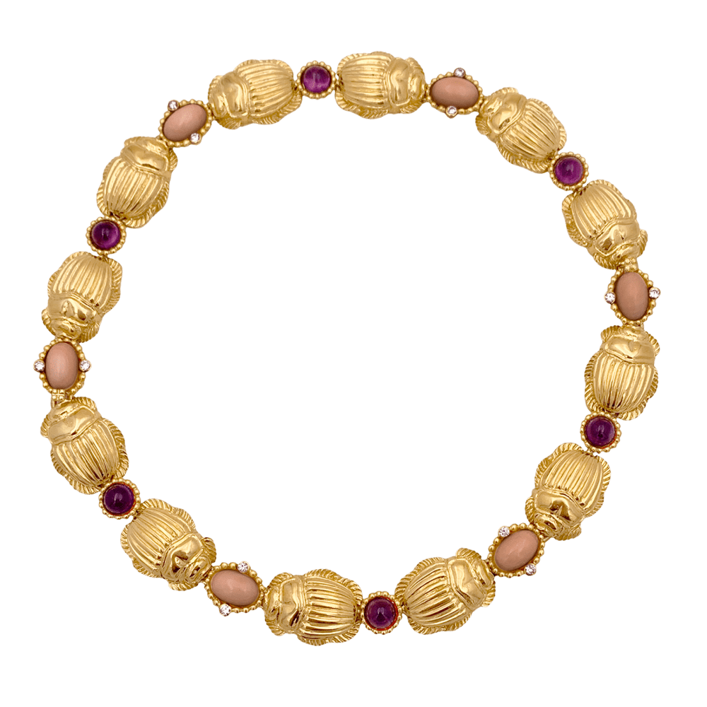 Collier transformable en deux bracelets or jaune, corail, améthyste et diamants. 2