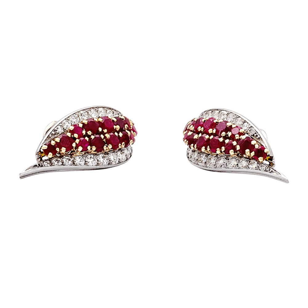 Boucles d'oreilles platine, or jaune, rubis et diamants.  3