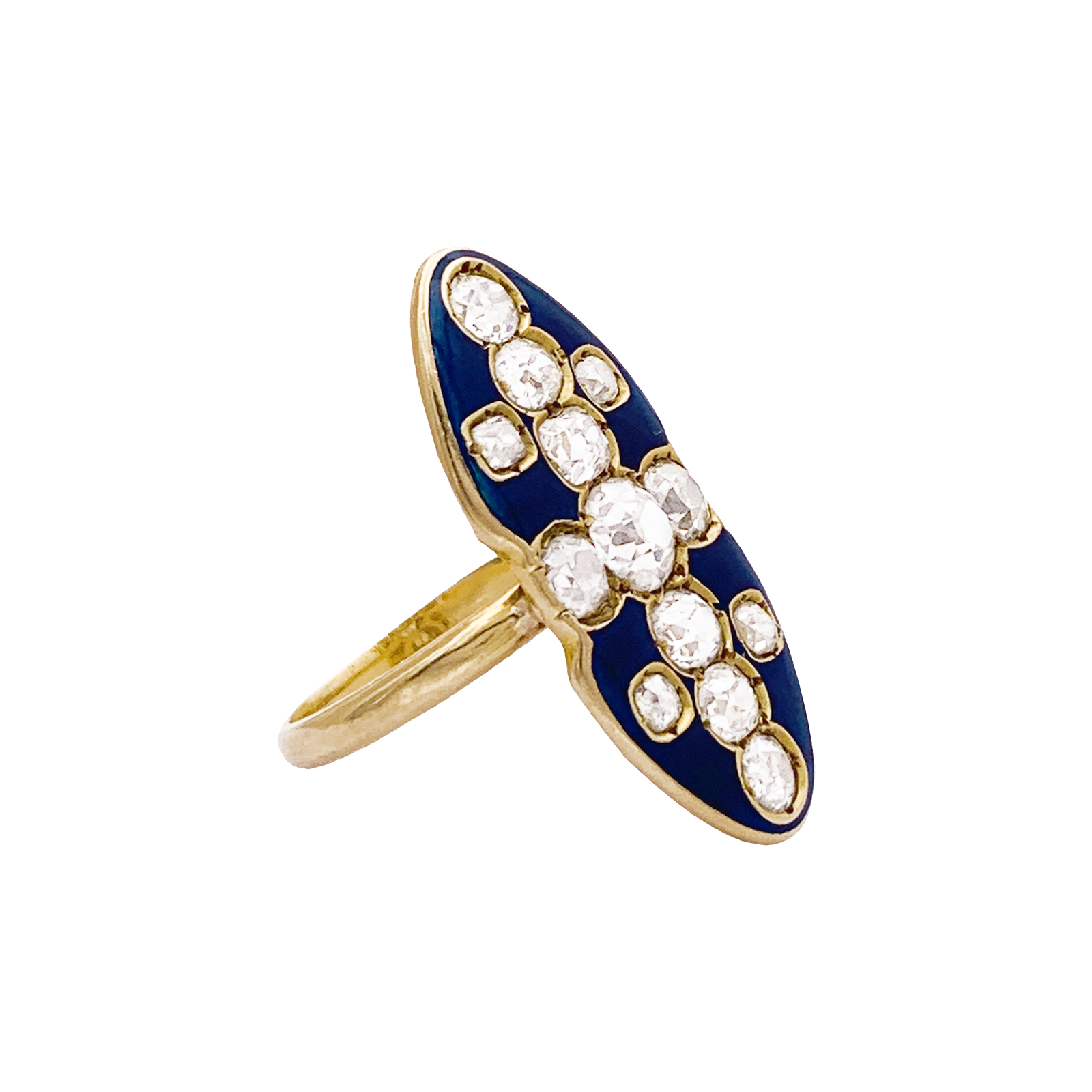 Bague "marquise" or jaune, diamants, émail.  2