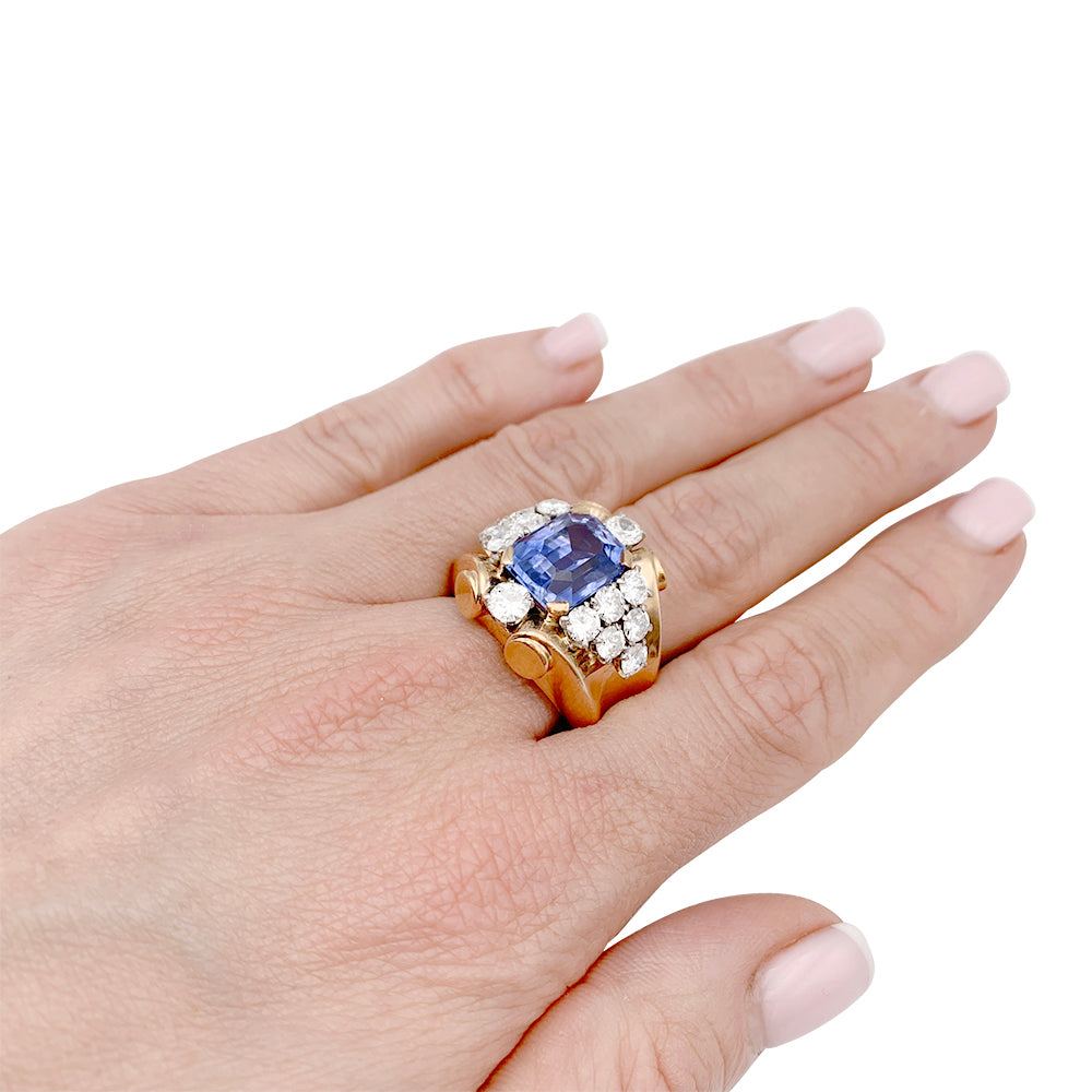 Bague vintage saphir, diamants, or jaune et platine. 1