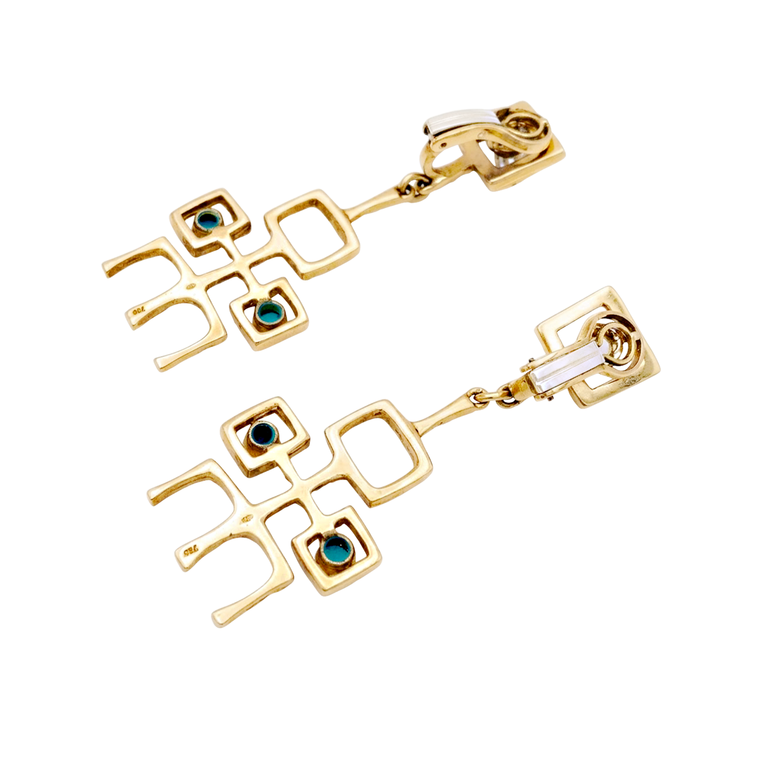Boucles d'oreilles Vintage or jaune et turquoises cabochon.  3