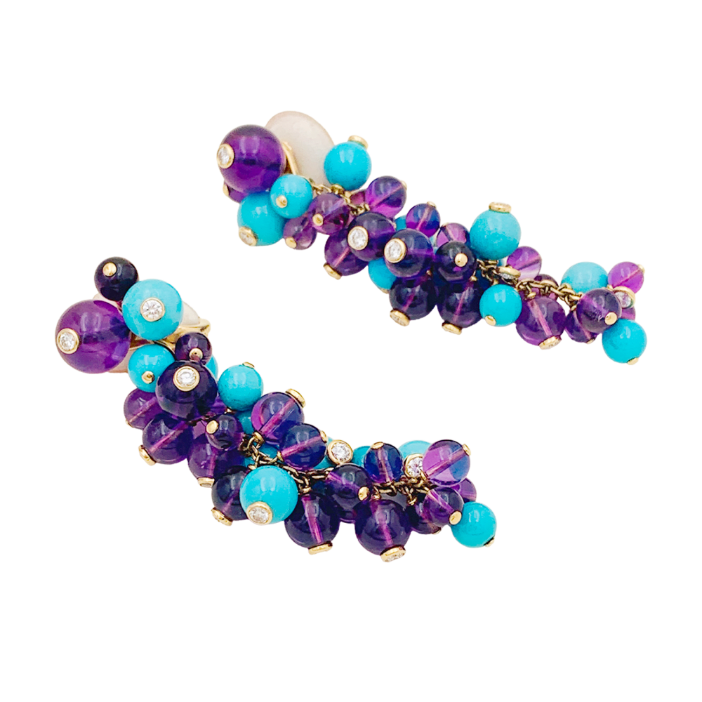 Boucles d'oreilles Cartier, "Délices de Goa", or rose, améthystes, turquoises et diamants. 3