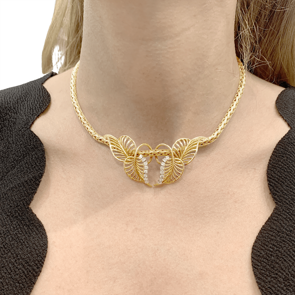 Collier "feuillages" or jaune et diamants. 6