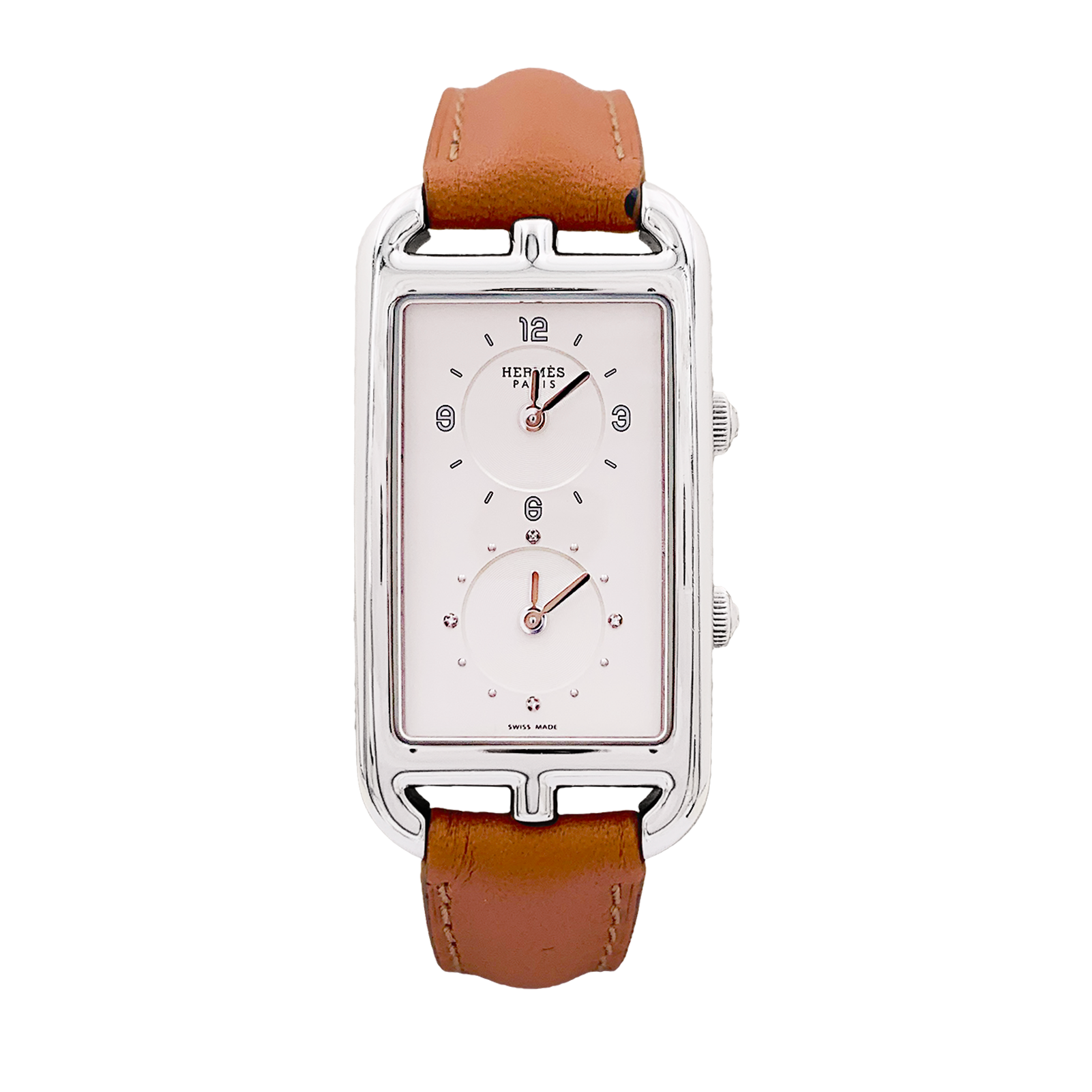 Montre Hermès, "Nantucket Dual Time", acier, cuir, diamants.