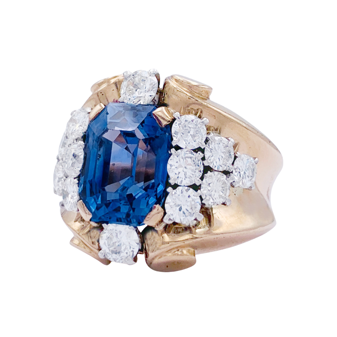 Vintage sapphire, diamond, yellow gold and platinum ring.