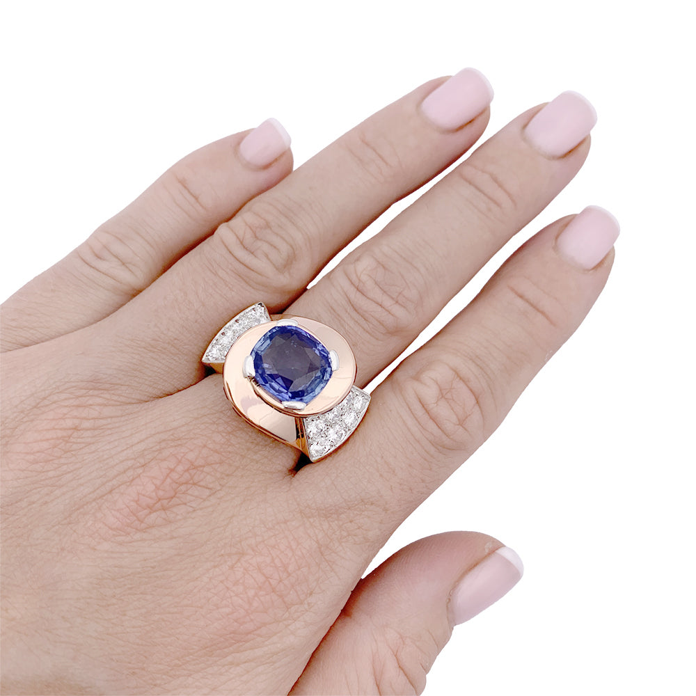 Bague Tank or rose, diamants, saphirs. 4