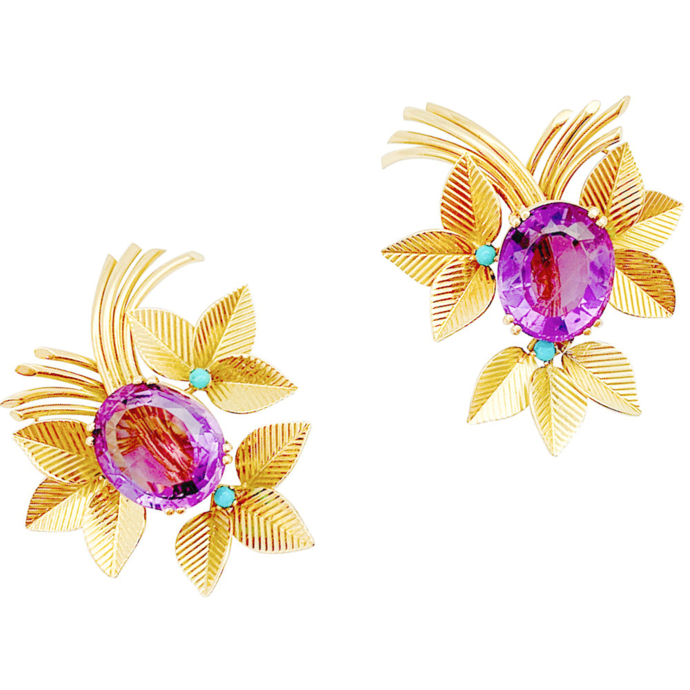 Boucles d'oreilles vintages, or jaune, améthystes, turquoises. 4