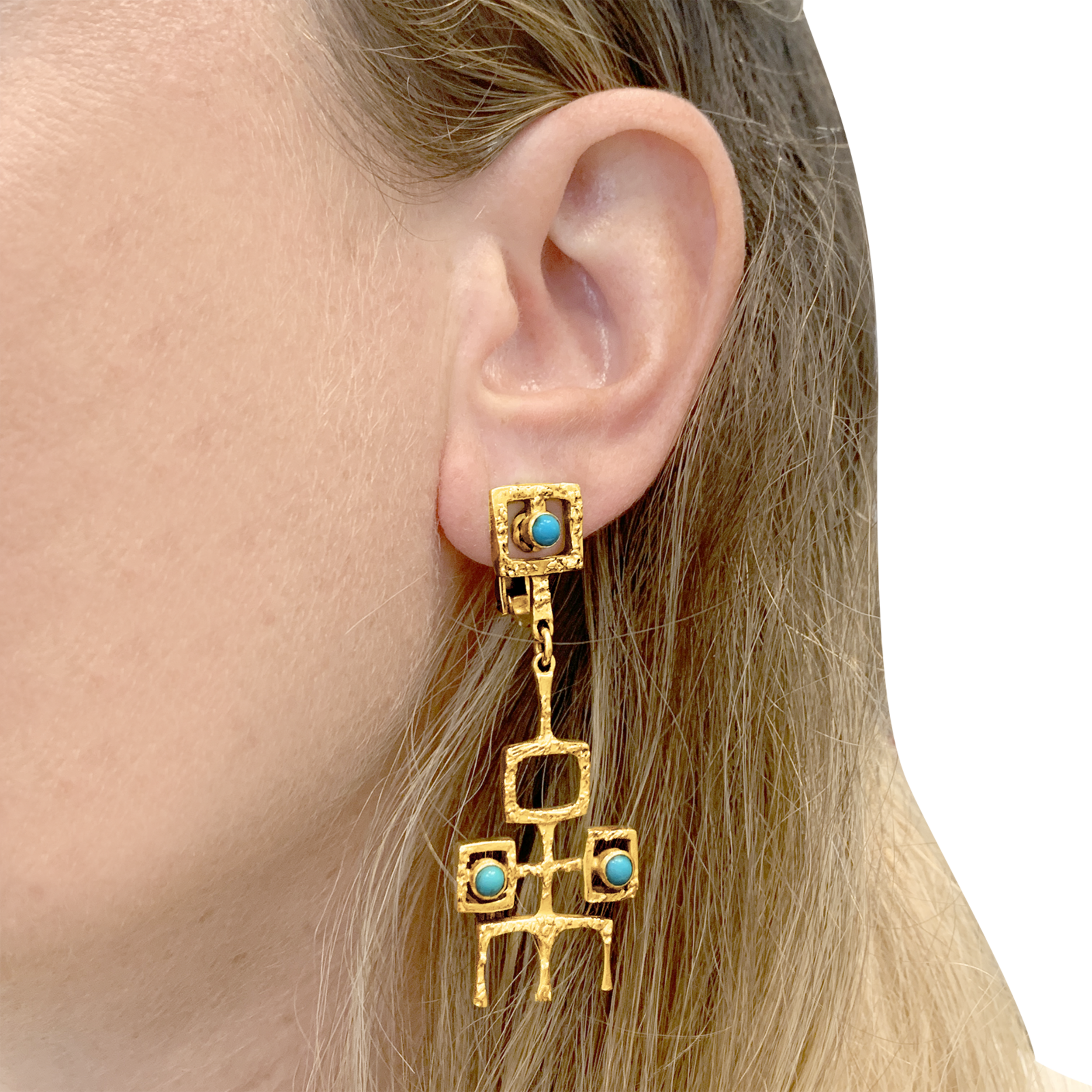 Boucles d'oreilles Vintage or jaune et turquoises cabochon.  5