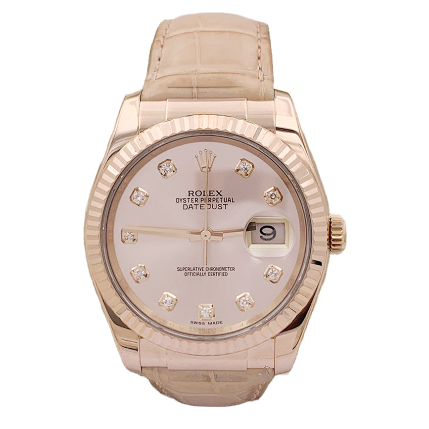 Montre Rolex, "Datejust" or rose, diamants, cuir. 1