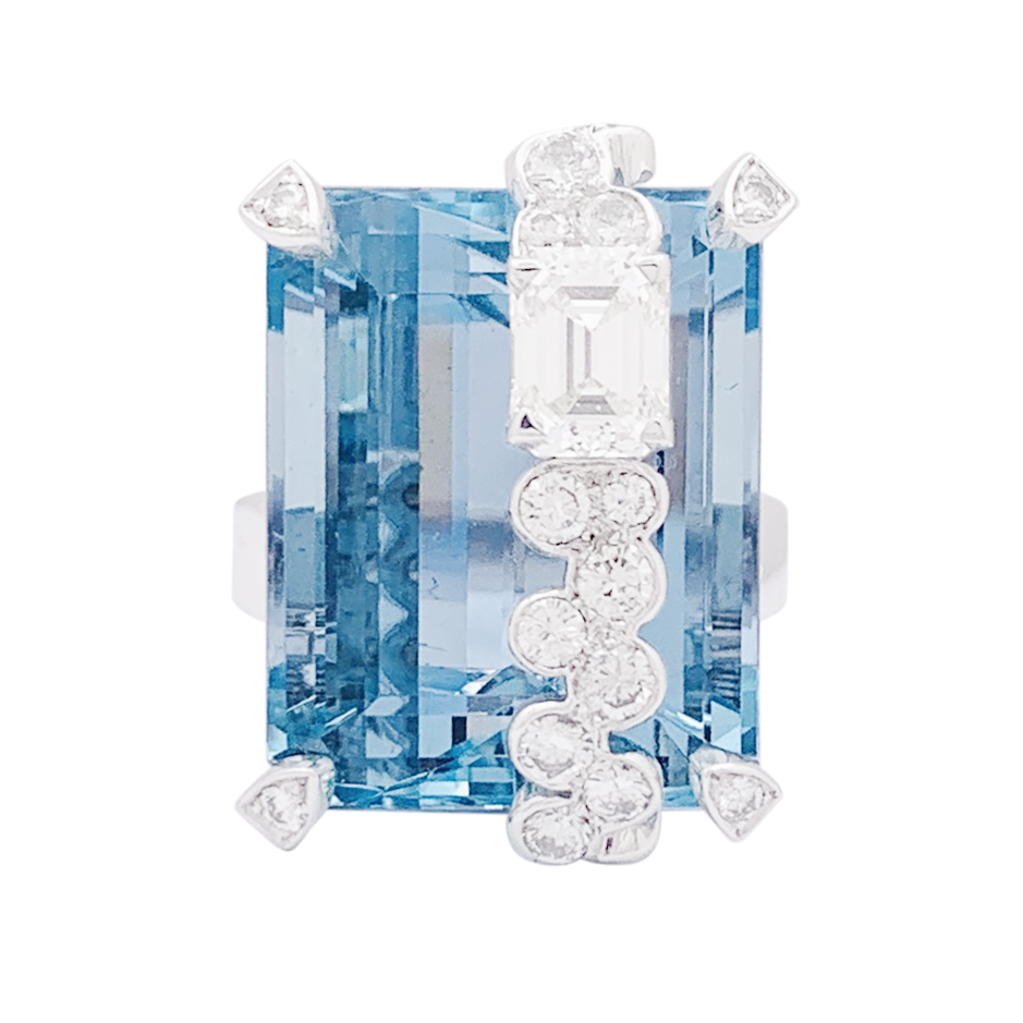 Bague cocktail aigue-marine, diamants, or blanc. 5