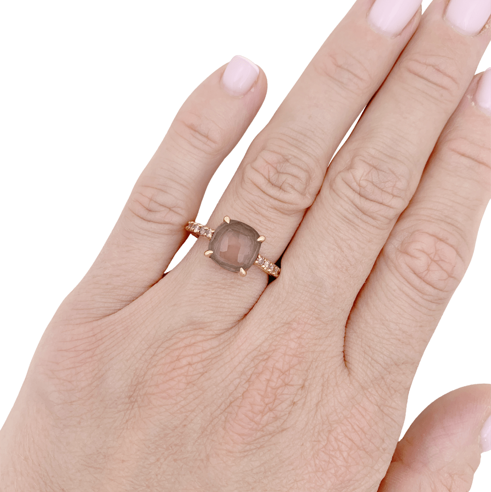 Bague Pomellato, "Baby" or rose, quartz rose et diamants bruns. 6