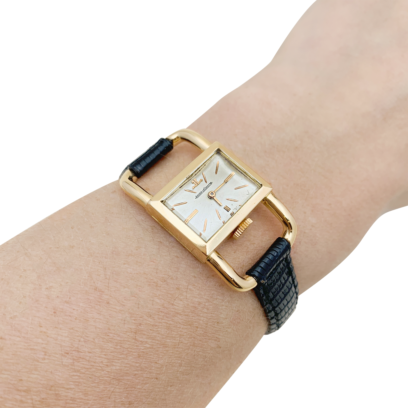 Montre Jaeger-Lecoultre, "Etrier", or rose, cuir noir 6