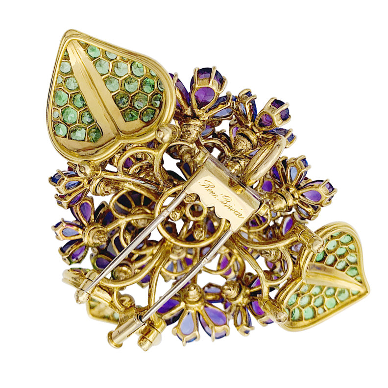 Clip René Boivin,"Bouquet de Violettes", or jaune, gemmes de couleur. 4