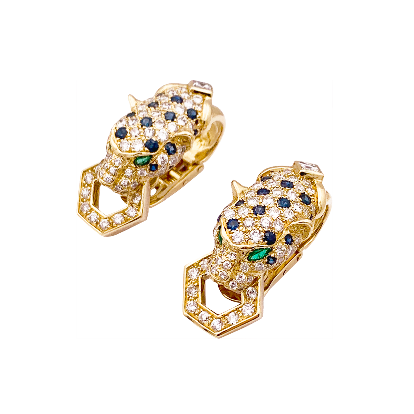 Clips d'oreilles O.J. PERRIN, or jaune, diamants, saphirs et émeraudes. 1