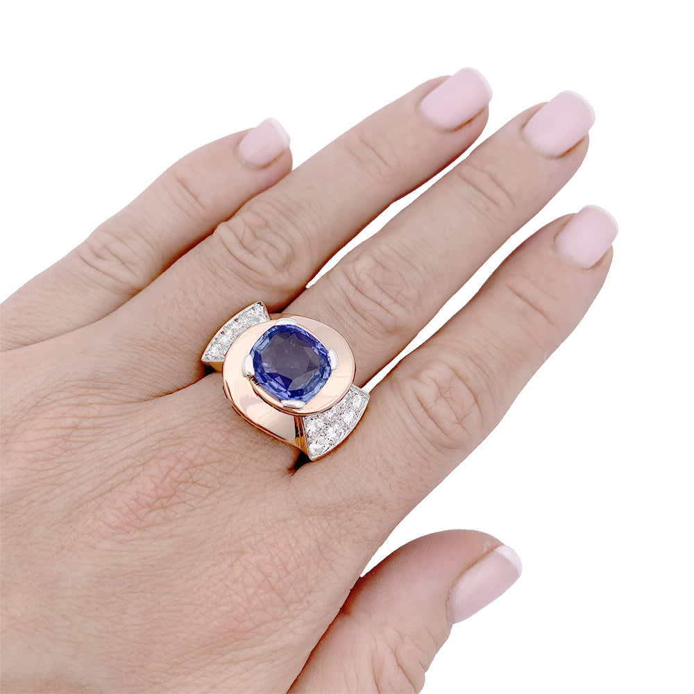Bague Tank or rose, diamants, saphirs. 5