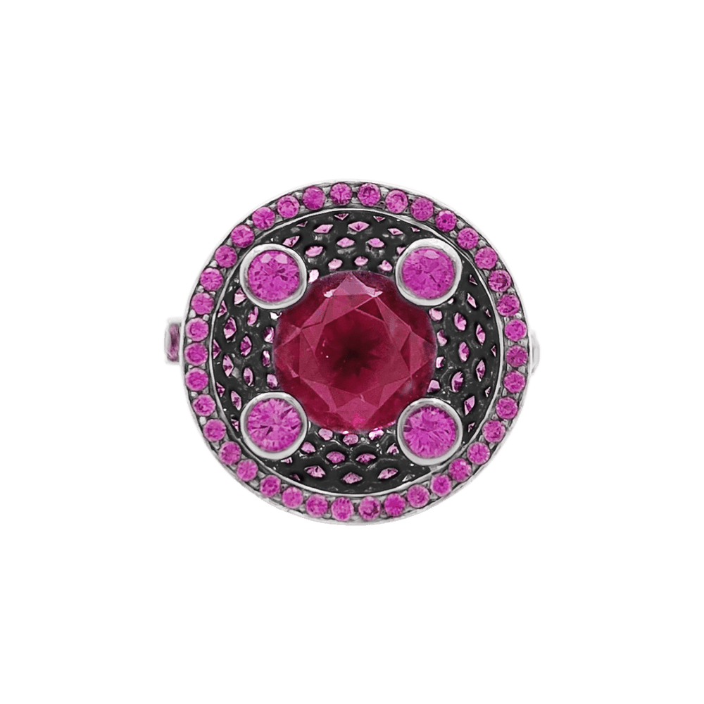 Bague Boucheron, "Liz" or noirci, tourmalines et saphirs roses.  1