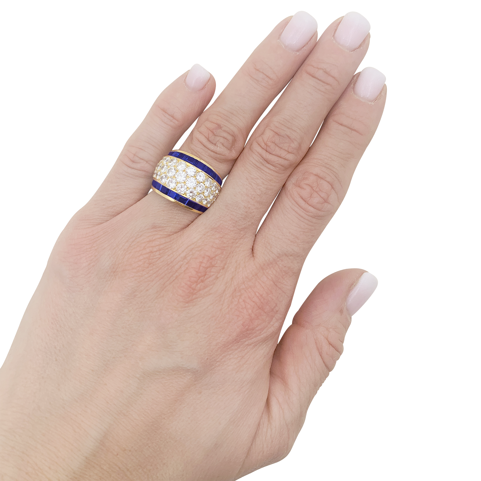 Bague vintage or jaune, diamants, saphirs calibrés. 2