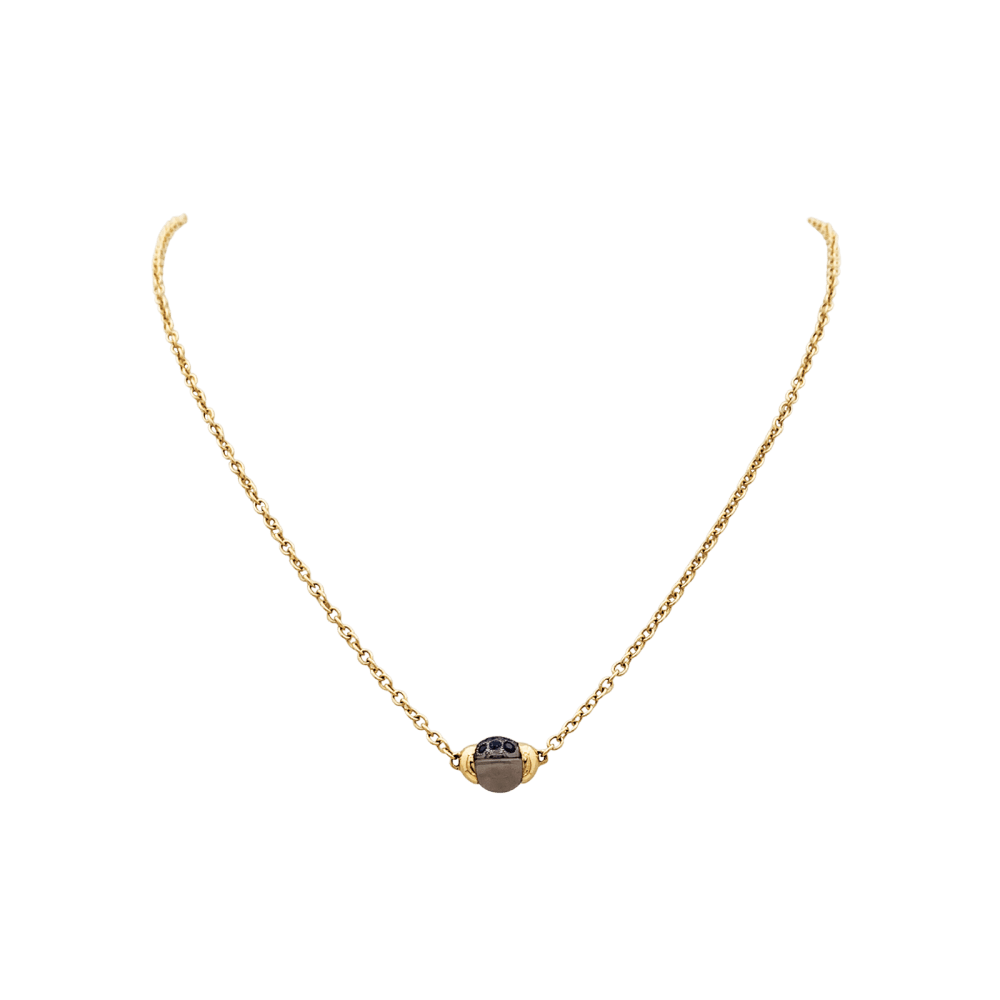Collier Pomellato, "M'ama non M'ama", or rose, pierre de lune, argent et saphirs.  1
