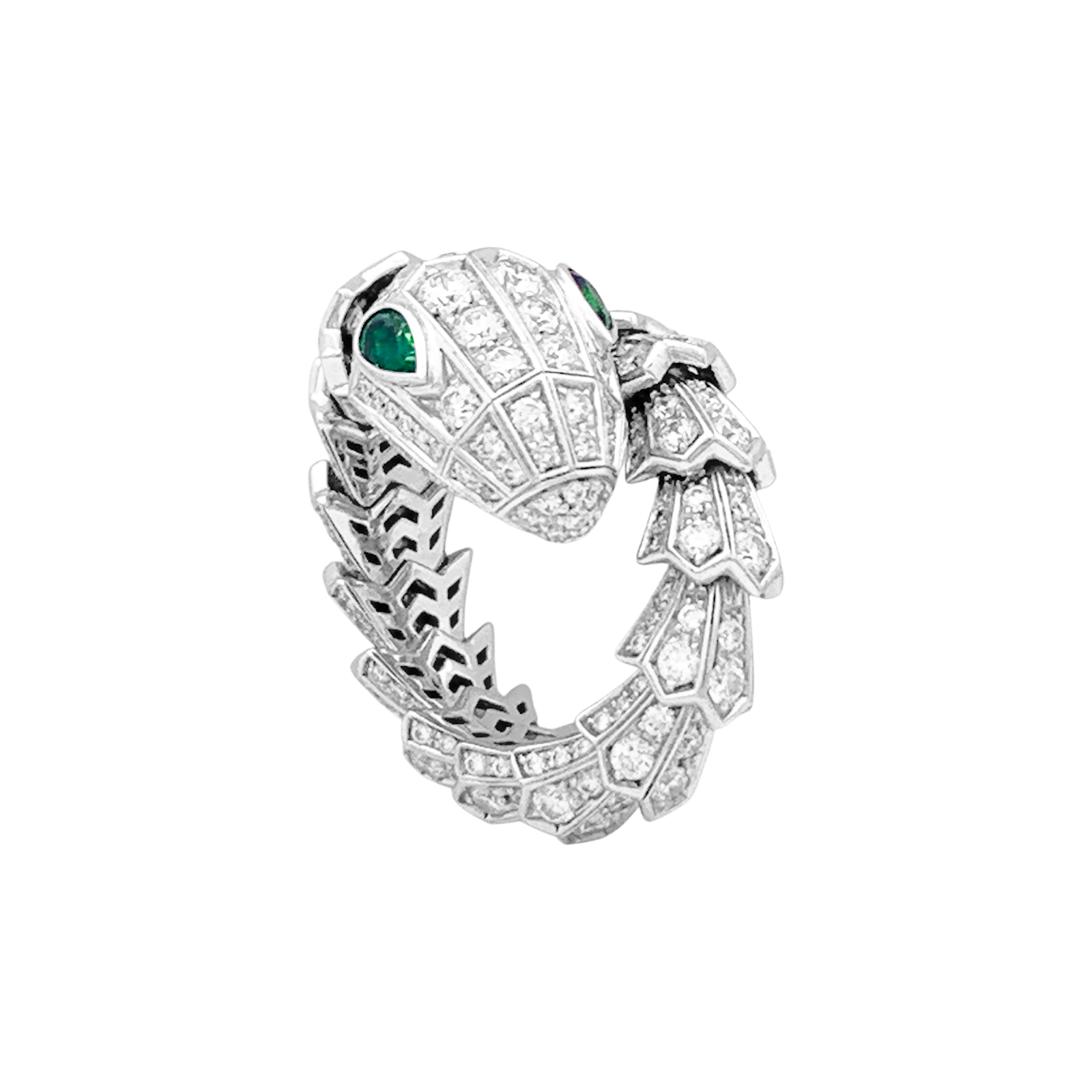 Bague BULGARI "Serpenti", en or blanc, diamants et émeraudes. 1