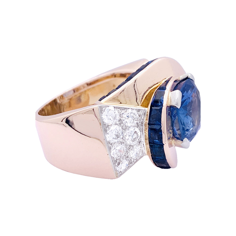 Bague Tank or rose, diamants, saphirs. 5
