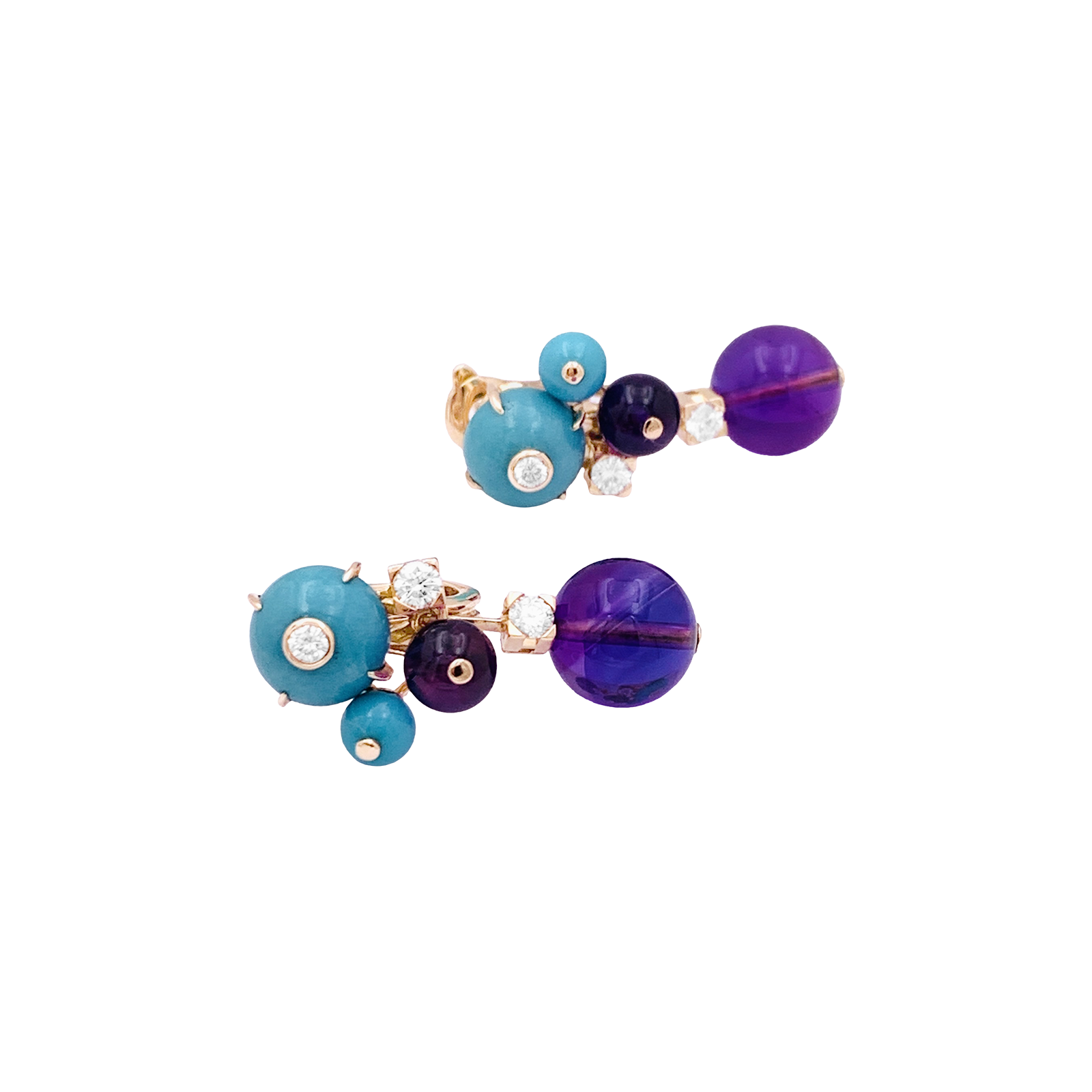 Boucles d'oreilles Cartier "Délices de Goa" en or rose, améthystes, diamants et turquoises. 2