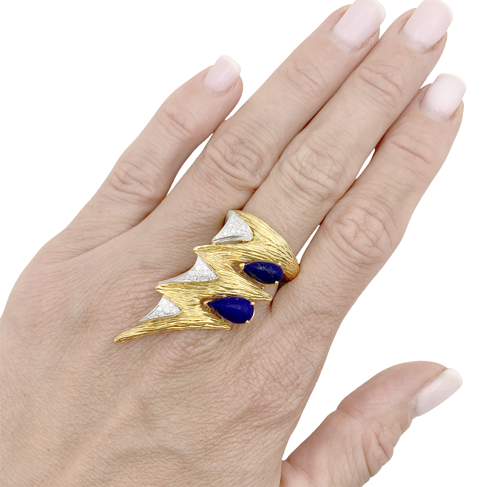 Bague "éclair" deux tons d'or 750/000, lapis lazuli et diamants. 7
