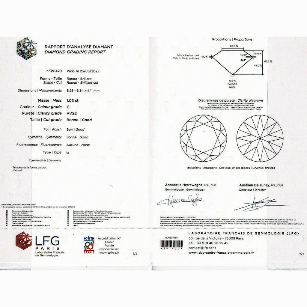 Bague sertie d’un diamant taille brillant. Certificat HRD N°031379 de 1979 1,03 carat H VVS2.  Certificat LFG 391420 de 2022. 2,2gr 1
