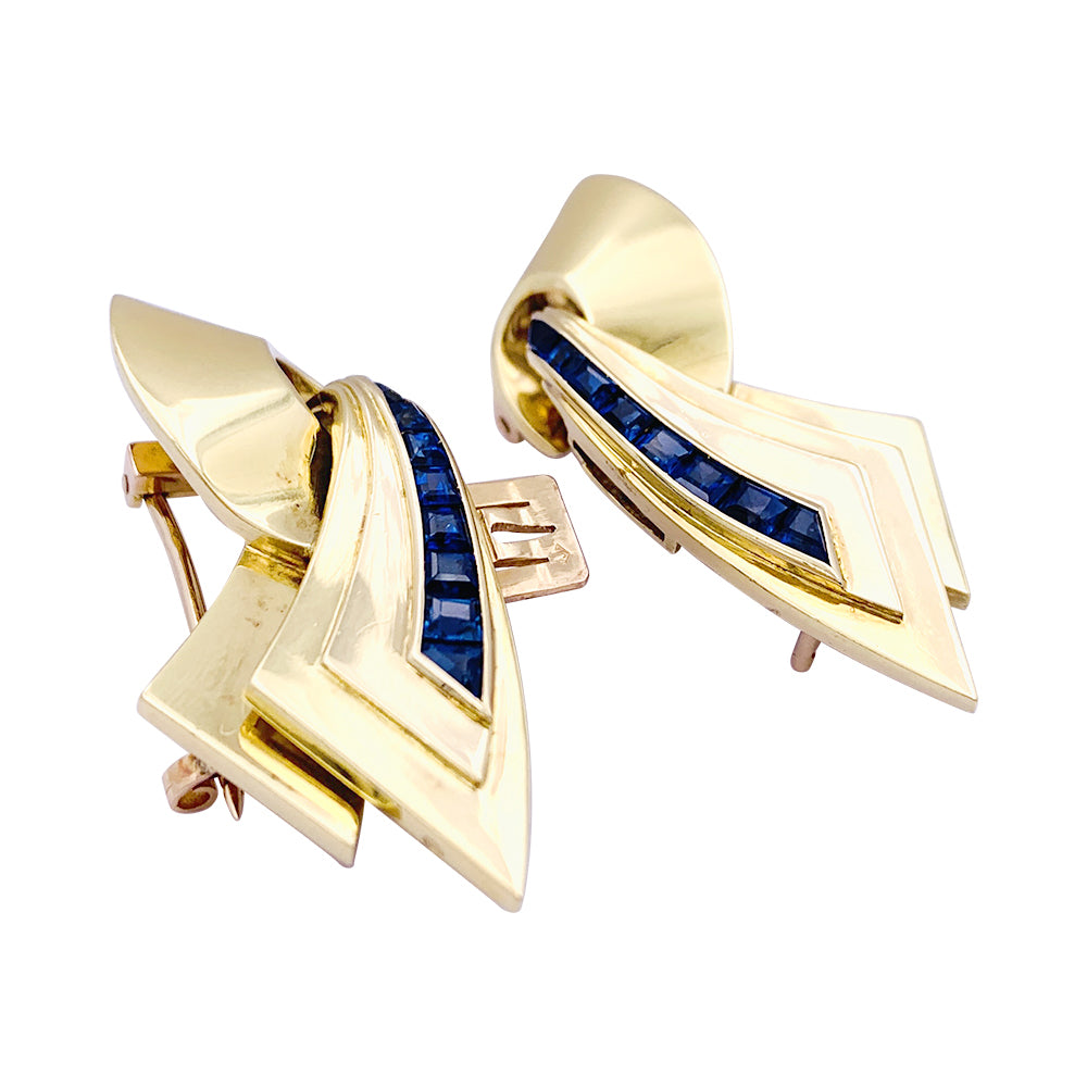 Broche vintage "Ruban" double clips or rose, pierres bleues. 2