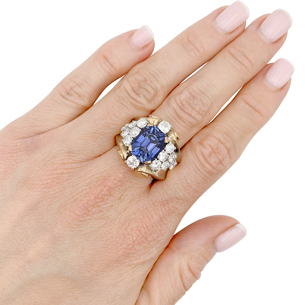 Bague vintage saphir, diamants, or jaune et platine. 3