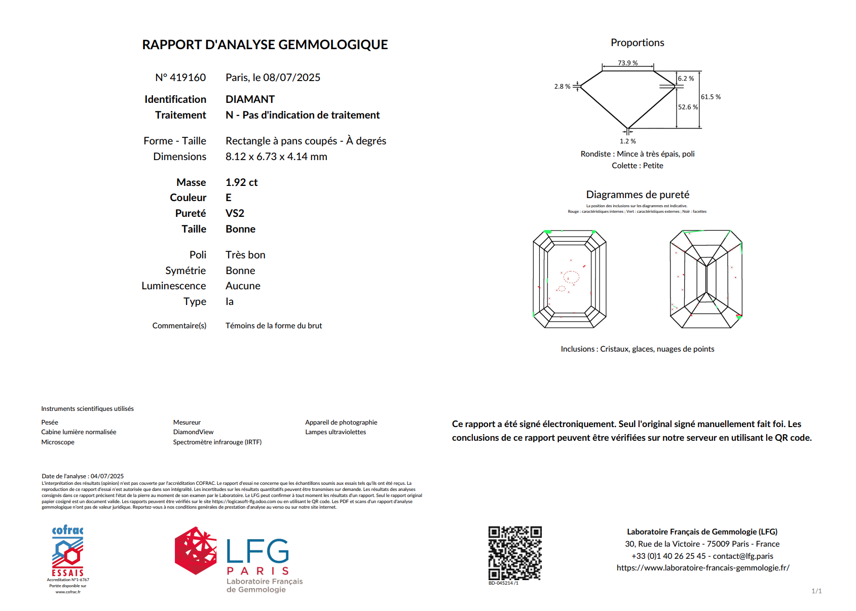 Solitaire en or blanc, diamant 1,92 cts.  7