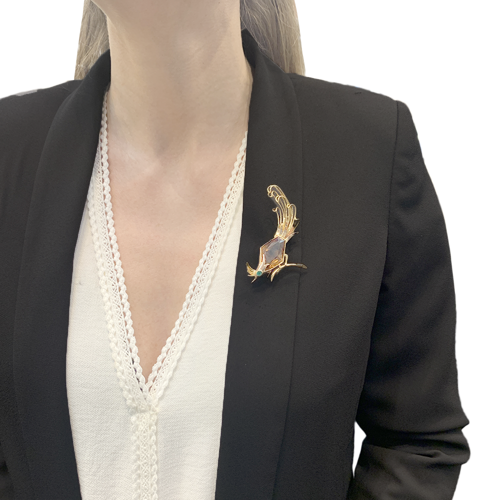 Broche vintage, "Oiseau de Paradis", or rose, citrine, émeraude. 7