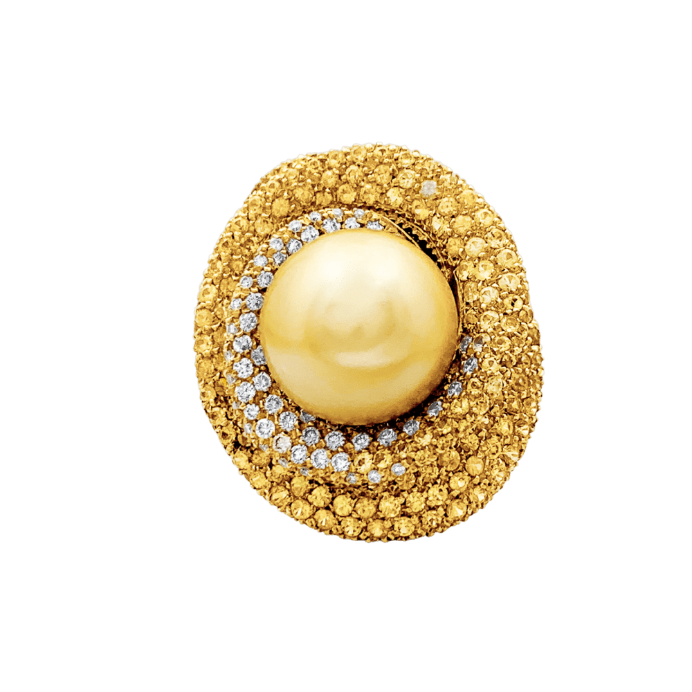 Bague perle gold, diamants blanc, saphirs de couleur, or jaune.  1