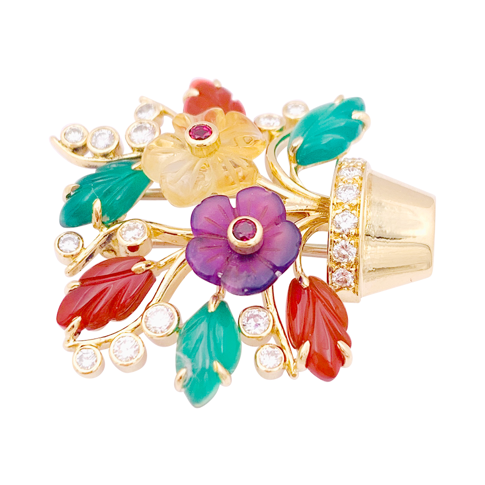 Clip "Fleurs" or jaune, diamants, rubis, pierres de couleur. 3