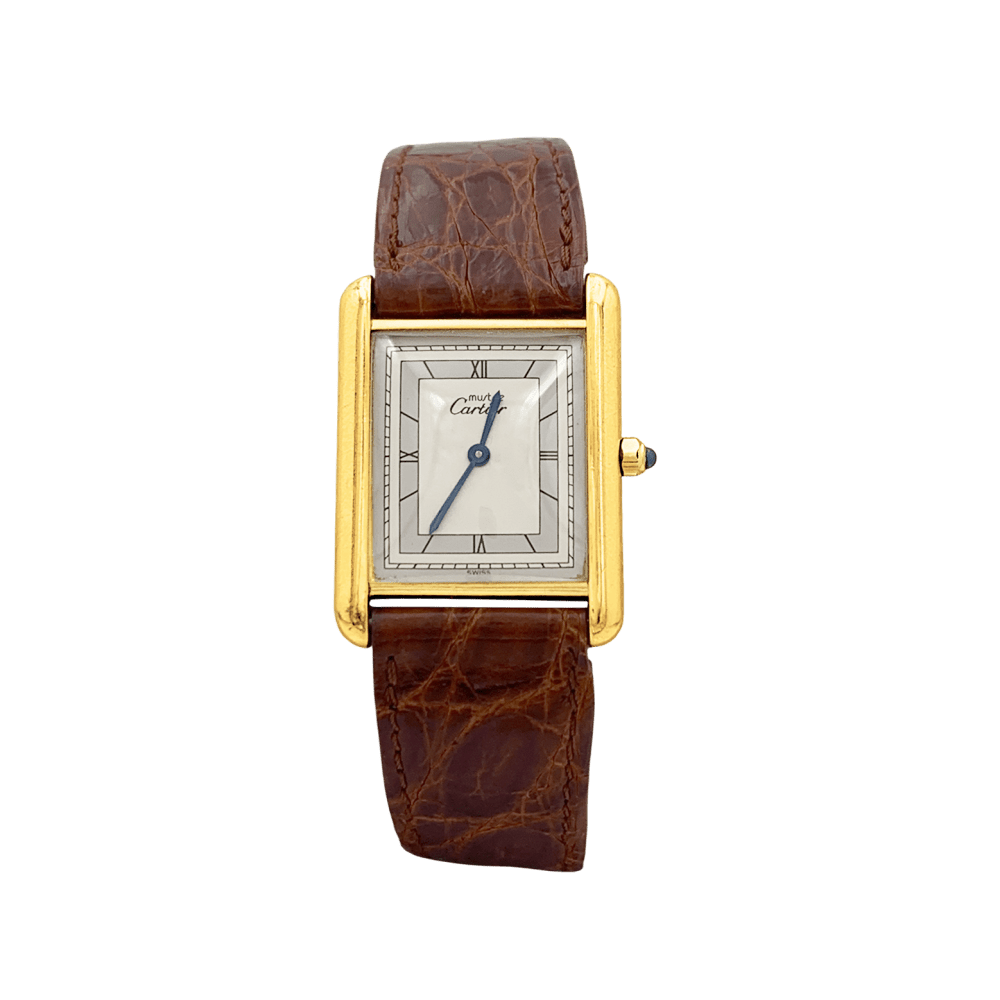 Montre Cartier, "Tank Must", argent plaqué or, cuir.  1