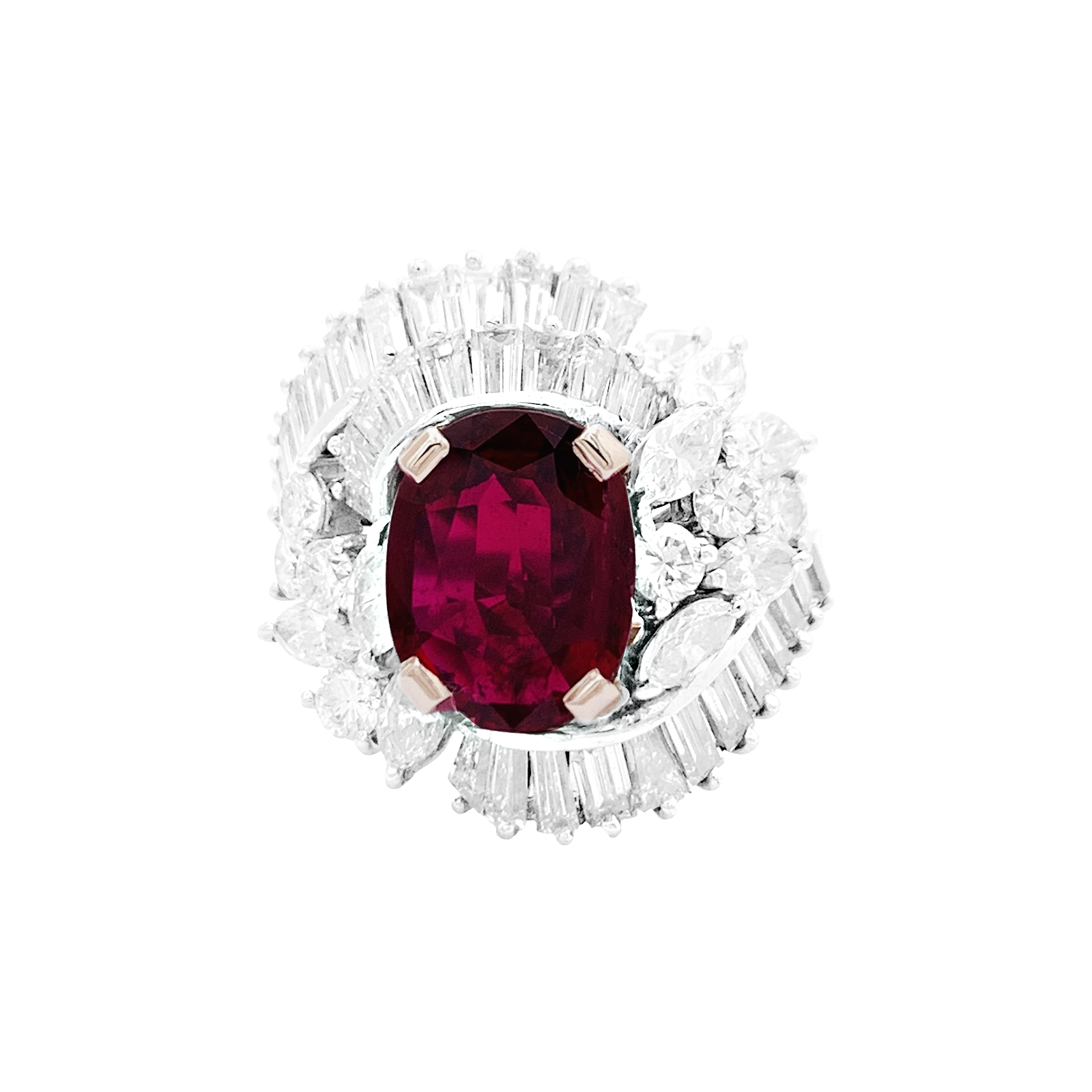 Bague jupe rubis, diamants, platine. 1