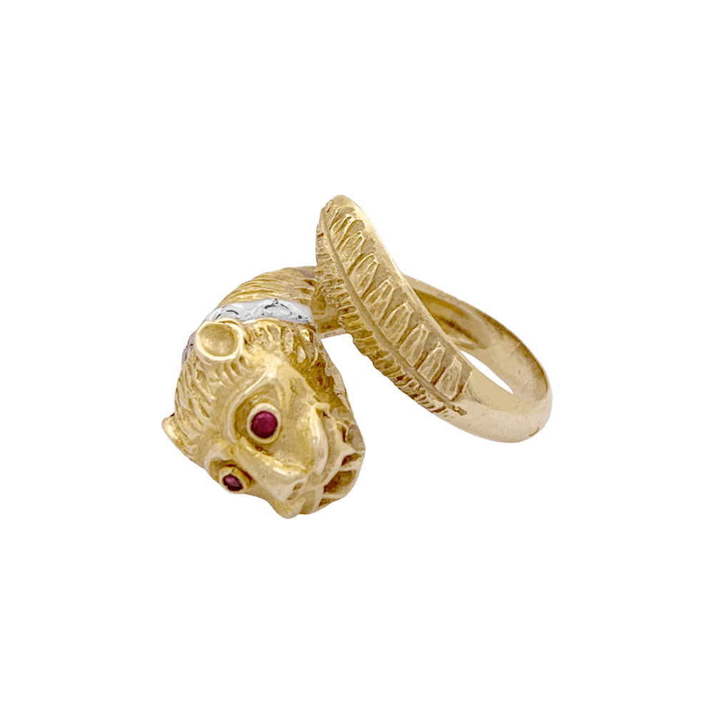 Bague Zolotas, « Tête de Lion » deux ors, diamants et rubis. 1