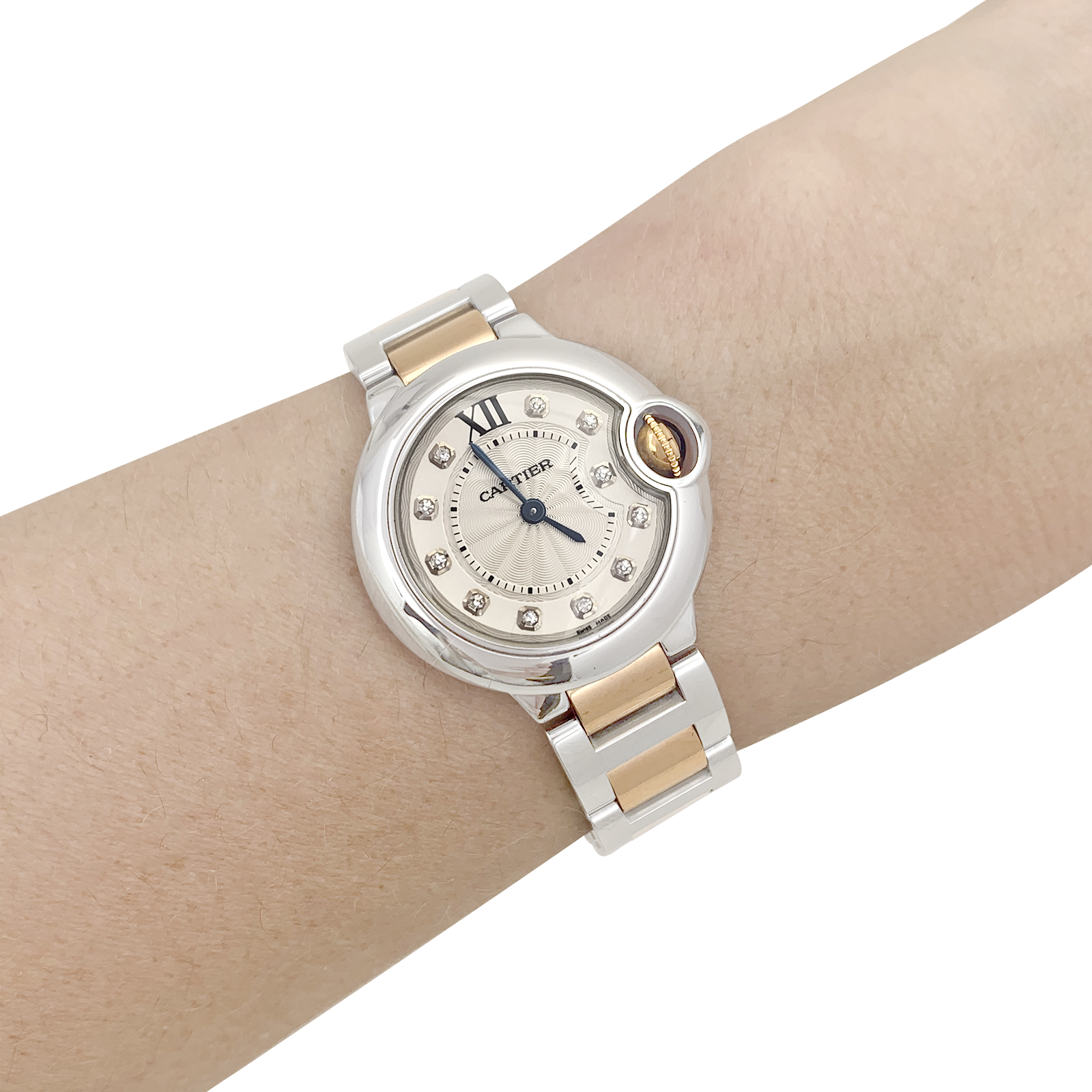 Montre Cartier, "Ballon Bleu de Cartier", acier, or rose, diamants. 5