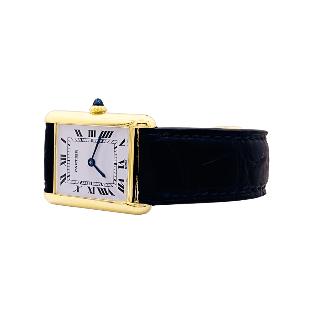 Montre Cartier, "Tank Louis Cartier", or jaune, bracelet cuir.  3