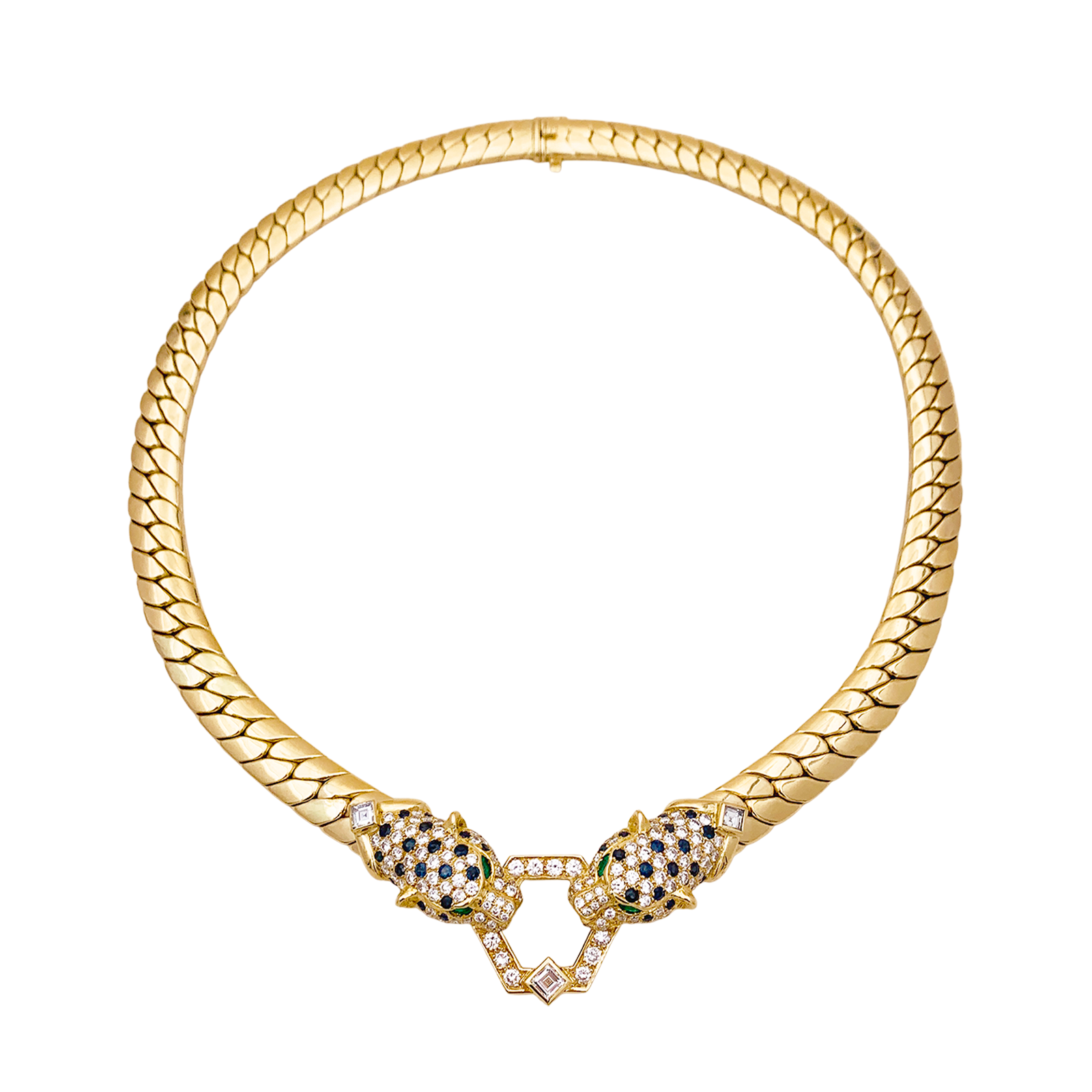 Collier O.J. PERRIN, or jaune, diamants, saphirs et émeraudes. 1