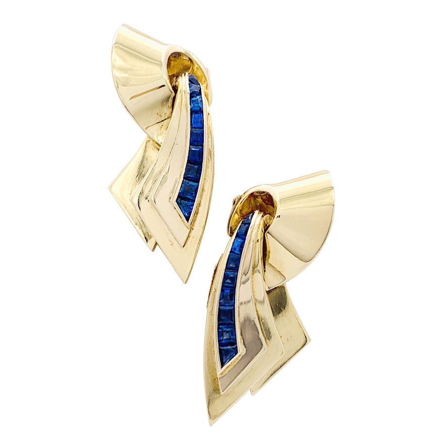 Broche vintage "Ruban" double clips or rose, pierres bleues. 3