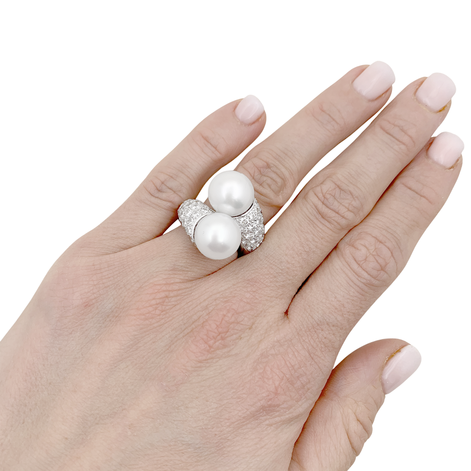 Bague "Toi & Moi" or blanc, diamants, perles. 6
