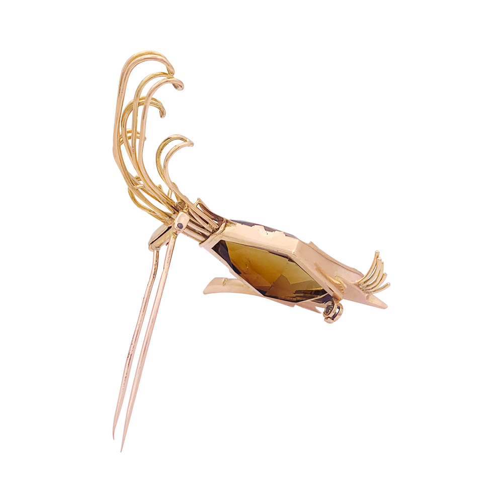 Broche vintage, "Oiseau de Paradis", or rose, citrine, émeraude. 5