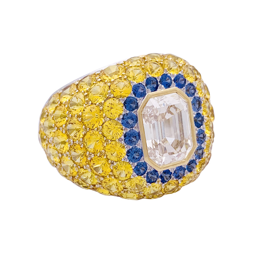 Bague or blanc, saphirs, saphirs jaunes et diamant brun. 6
