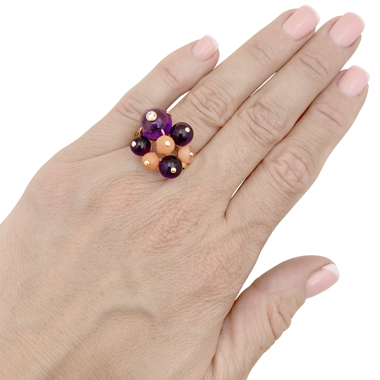 Bague Cartier, "Délices de Goa", or jaune, diamant, corail, améthystes. 5