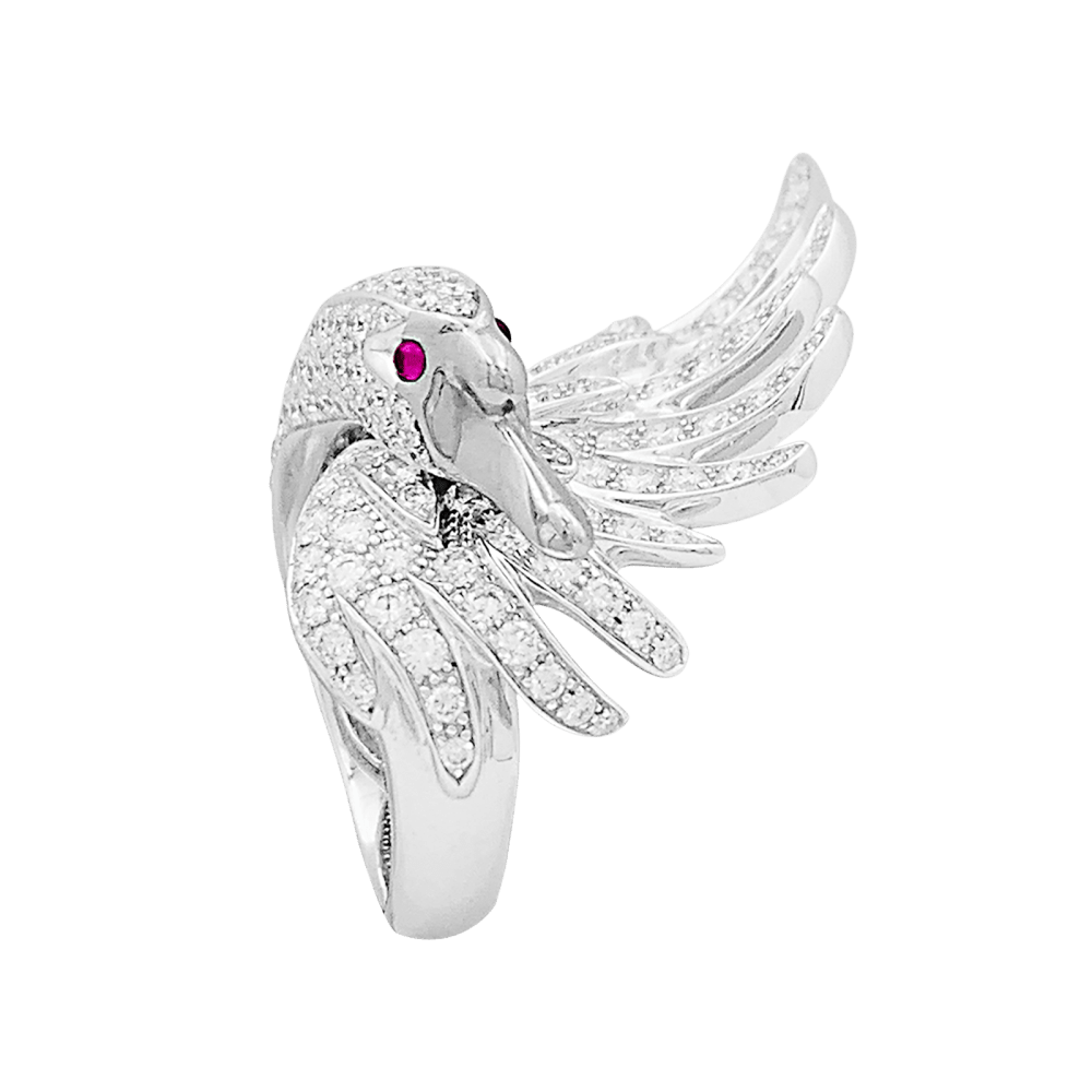 Bague Boucheron, "Animaux de Collection : "Cypris, le Cygne", or blanc, diamants, rubis. 1