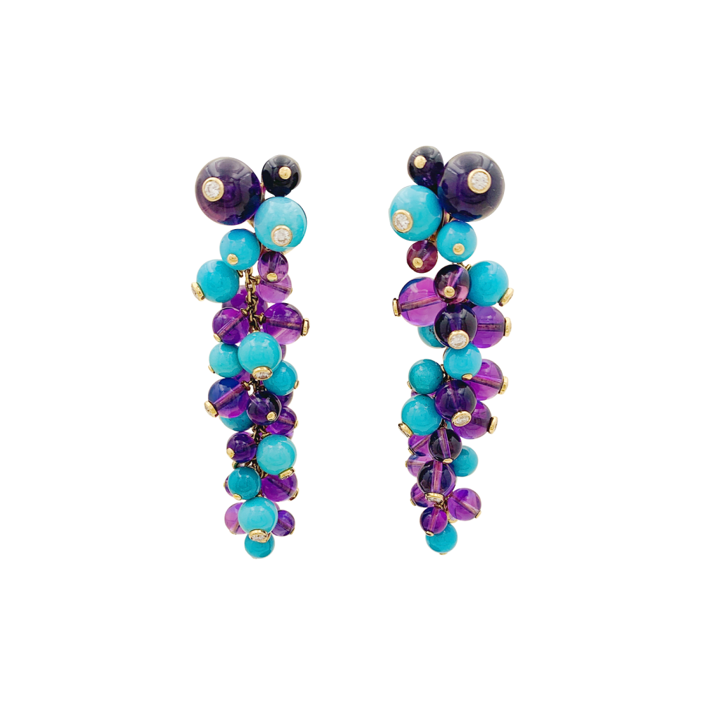 Boucles d'oreilles Cartier, "Délices de Goa", or rose, améthystes, turquoises et diamants. 1