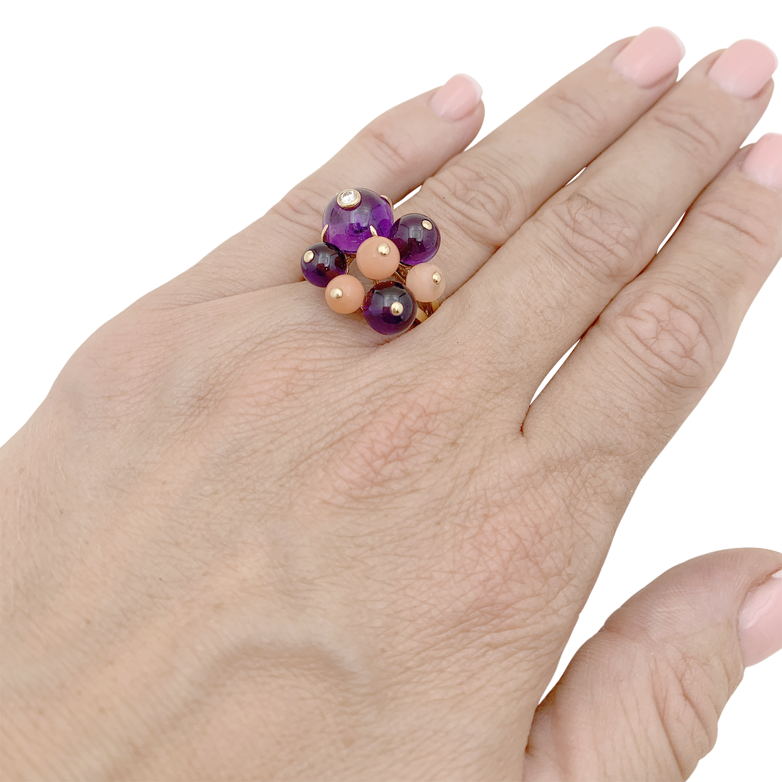 Bague Cartier, "Délices de Goa", or jaune, diamant, corail, améthystes. 6