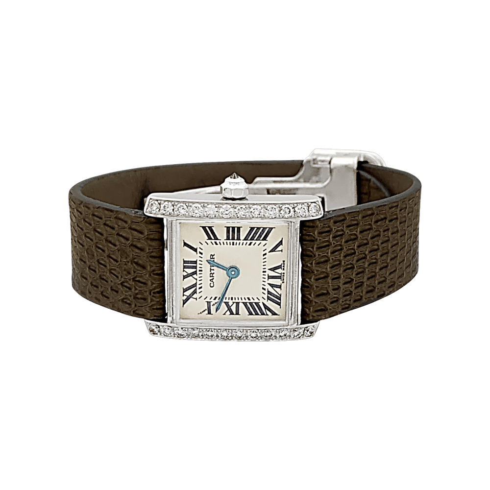 Montre Cartier, "Tank Française", or blanc, diamants.  2